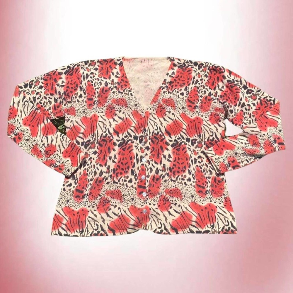 Vintage Red Animal Print Cardigan (No Label)